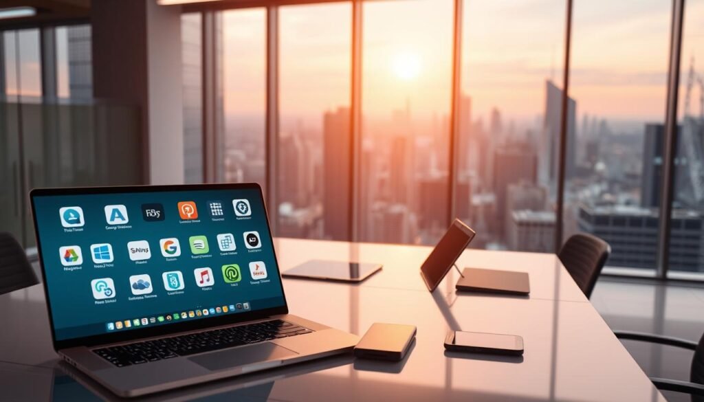 A futuristic, well-lit office setting with a central workstation showcasing a variety of digital integrations. In the foreground, a laptop display depicts various software logos and app icons, symbolizing the seamless connection between platforms. The middle ground features a clean, minimalist desk with a tablet, smartphone, and other productivity devices, all working in harmony. In the background, a panoramic window overlooks a bustling city skyline, evoking a sense of innovation and progress. The lighting is warm and focused, creating a professional, technological atmosphere. The overall composition conveys the power of integrated tools and services in enabling complex, modern work. A futuristic, well-lit office setting with a central workstation showcasing a variety of digital integrations. In the foreground, a laptop display depicts various software logos and app icons, symbolizing the seamless connection between platforms. The middle ground features a clean, minimalist desk with a tablet, smartphone, and other productivity devices, all working in harmony. In the background, a panoramic window overlooks a bustling city skyline, evoking a sense of innovation and progress. The lighting is warm and focused, creating a professional, technological atmosphere. The overall composition conveys the power of integrated tools and services in enabling complex, modern work.