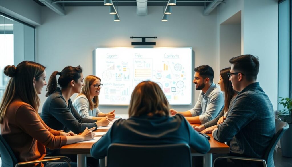 A group of young professionals gathered around a conference table, engaged in a lively discussion. Warm, soft lighting illuminates their faces, capturing the energy and intensity of their collaboration. The middle ground features a large whiteboard filled with colorful diagrams and notes, reflecting their creative problem-solving. In the background, a sleek, modern office setting with minimalist decor provides a clean, professional backdrop. The overall mood conveys a sense of dynamic teamwork, innovative thinking, and a shared commitment to success. A group of young professionals gathered around a conference table, engaged in a lively discussion. Warm, soft lighting illuminates their faces, capturing the energy and intensity of their collaboration. The middle ground features a large whiteboard filled with colorful diagrams and notes, reflecting their creative problem-solving. In the background, a sleek, modern office setting with minimalist decor provides a clean, professional backdrop. The overall mood conveys a sense of dynamic teamwork, innovative thinking, and a shared commitment to success.