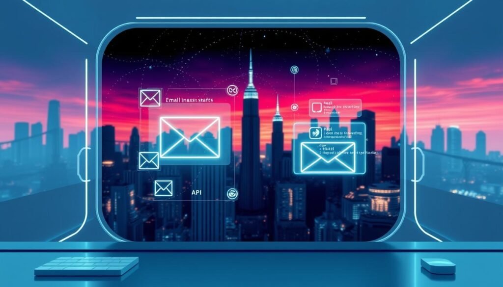 A high-contrast digital illustration depicting the concept of "email API". In the foreground, a clean, minimalist user interface for an email API service, with buttons, input fields, and elegant icons. In the middle ground, intricate technical diagrams and code snippets showcasing the API's functionality, displayed on holographic panels. In the background, a serene, futuristic cityscape with sleek skyscrapers and a vibrant, neon-infused night sky, conveying a sense of technological sophistication and innovation. The lighting is cool and directional, casting dramatic shadows and highlights to accentuate the technical details. The overall mood is one of precision, efficiency, and the seamless integration of email communication within a modern, digitally-driven landscape. A high-contrast digital illustration depicting the concept of "email API". In the foreground, a clean, minimalist user interface for an email API service, with buttons, input fields, and elegant icons. In the middle ground, intricate technical diagrams and code snippets showcasing the API's functionality, displayed on holographic panels. In the background, a serene, futuristic cityscape with sleek skyscrapers and a vibrant, neon-infused night sky, conveying a sense of technological sophistication and innovation. The lighting is cool and directional, casting dramatic shadows and highlights to accentuate the technical details. The overall mood is one of precision, efficiency, and the seamless integration of email communication within a modern, digitally-driven landscape.