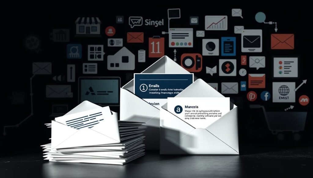 A high-contrast, dynamic image depicting the various elements that influence ecommerce email deliverability. In the foreground, a stack of envelopes, some opened to reveal their contents - transactional emails, webinar invites, and push notifications. The middle ground features a stylized email inbox interface, with metrics and analytics data visualizing delivery rates, open and click-through statistics. In the background, a collage of ecommerce platforms, customer touchpoints, and marketing channels - from online storefronts to social media - all interconnected and influencing the complex ecosystem of email deliverability. Dramatic lighting casts dramatic shadows, evoking the importance and challenge of maintaining strong email performance across multichannel ecommerce. A high-contrast, dynamic image depicting the various elements that influence ecommerce email deliverability. In the foreground, a stack of envelopes, some opened to reveal their contents - transactional emails, webinar invites, and push notifications. The middle ground features a stylized email inbox interface, with metrics and analytics data visualizing delivery rates, open and click-through statistics. In the background, a collage of ecommerce platforms, customer touchpoints, and marketing channels - from online storefronts to social media - all interconnected and influencing the complex ecosystem of email deliverability. Dramatic lighting casts dramatic shadows, evoking the importance and challenge of maintaining strong email performance across multichannel ecommerce.