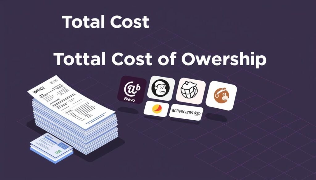 A high-contrast, isometric illustration depicting the comparative total cost of ownership for various email marketing platforms. In the foreground, a stack of invoices, receipts, and budget documents, representing the financial data. In the middle ground, five platform logos - GetResponse, AWeber, Brevo, Mailchimp, and ActiveCampaign - arranged in a grid. The background features a grid-like layout with dimensional lines, highlighting the analytical nature of the comparison. The image should convey a sense of data-driven decision-making, with a clean, professional aesthetic suitable for a business publication.