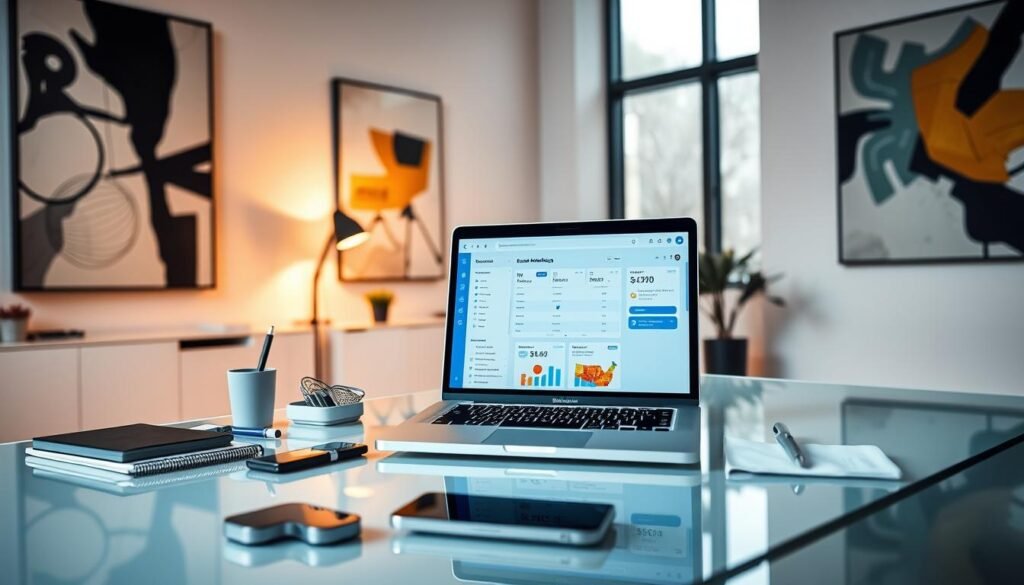 A high-contrast, wide-angle shot of a modern office workspace, with a laptop screen prominently displaying an email marketing dashboard. The laptop is set on a minimalist, glass-topped desk, illuminated by soft, warm lighting from a large window in the background. Surrounding the laptop are various office supplies and a smartphone, conveying a sense of productivity and efficiency. The room's walls are adorned with abstract art pieces, creating a visually striking and professional atmosphere. The overall composition emphasizes the importance of email marketing, with the laptop's screen and its contents being the focal point of the image. A high-contrast, wide-angle shot of a modern office workspace, with a laptop screen prominently displaying an email marketing dashboard. The laptop is set on a minimalist, glass-topped desk, illuminated by soft, warm lighting from a large window in the background. Surrounding the laptop are various office supplies and a smartphone, conveying a sense of productivity and efficiency. The room's walls are adorned with abstract art pieces, creating a visually striking and professional atmosphere. The overall composition emphasizes the importance of email marketing, with the laptop's screen and its contents being the focal point of the image.