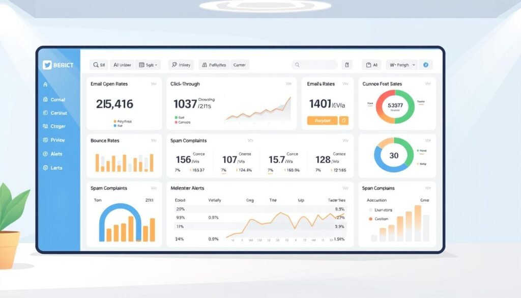A high-quality digital illustration of a trustworthy email marketing dashboard, featuring a clean user interface with comprehensive metrics and alerts related to email deliverability. The dashboard displays real-time data on email open rates, click-through rates, bounce rates, spam complaints, and other key performance indicators that provide clear insights into the quality and effectiveness of an email marketing campaign. The dashboard is displayed in a well-lit, professional setting, with a minimal and modern aesthetic that conveys a sense of authority and reliability. The overall mood is one of clarity, confidence, and data-driven decision-making. A high-quality digital illustration of a trustworthy email marketing dashboard, featuring a clean user interface with comprehensive metrics and alerts related to email deliverability. The dashboard displays real-time data on email open rates, click-through rates, bounce rates, spam complaints, and other key performance indicators that provide clear insights into the quality and effectiveness of an email marketing campaign. The dashboard is displayed in a well-lit, professional setting, with a minimal and modern aesthetic that conveys a sense of authority and reliability. The overall mood is one of clarity, confidence, and data-driven decision-making.