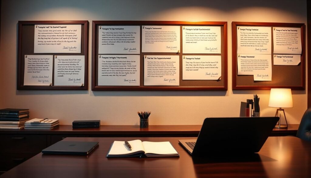A high-quality office desk with a laptop, a pen, and a notebook neatly arranged. In the background, a wall-mounted bulletin board displays various customer testimonials and case studies, each with a compelling headline and an authentic-looking signature. The lighting is soft and warm, creating a professional and trustworthy atmosphere. The overall scene conveys a sense of credibility and social proof, perfectly suited to illustrate the "Social proof, case studies, and reviews: credibility that compounds" section of the article.