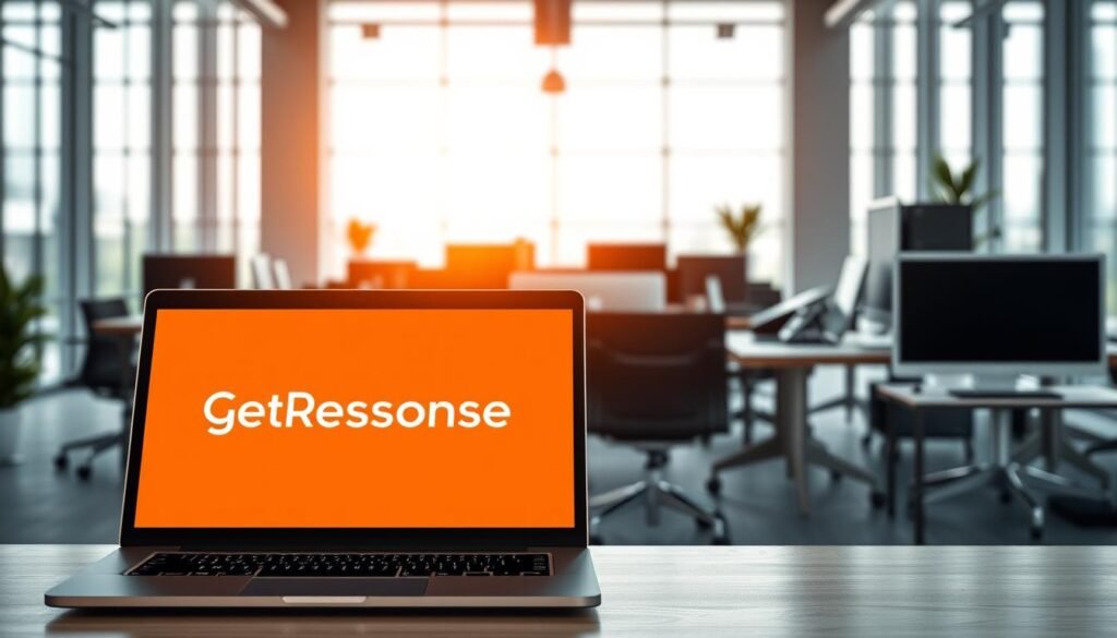 A high-quality photorealistic image of a modern office setting. In the foreground, a sleek laptop displays the GetResponse and HubSpot logos side-by-side, highlighting their marketing automation capabilities. The middle ground features an array of devices and productivity tools, reflecting the digital nature of modern marketing. The background showcases floor-to-ceiling windows, allowing natural light to flood the space and create a bright, airy atmosphere. The image conveys a sense of professionalism, technology, and the competitive landscape of marketing automation platforms.