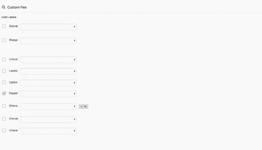 A high-resolution, detailed image of custom fields in a software interface. The foreground features a series of input fields, labels, and settings arranged neatly on a clean, minimalist white background. The middle ground showcases a dropdown menu, a toggle switch, and other interactive UI elements. The background subtly suggests the context of a web application or CMS, with faint grid lines or a subtle pattern. The lighting is soft and even, creating a professional, technical atmosphere. The camera angle is slightly elevated, providing an overview of the custom fields configuration panel. The overall mood is one of functional simplicity and user-friendly design. A high-resolution, detailed image of custom fields in a software interface. The foreground features a series of input fields, labels, and settings arranged neatly on a clean, minimalist white background. The middle ground showcases a dropdown menu, a toggle switch, and other interactive UI elements. The background subtly suggests the context of a web application or CMS, with faint grid lines or a subtle pattern. The lighting is soft and even, creating a professional, technical atmosphere. The camera angle is slightly elevated, providing an overview of the custom fields configuration panel. The overall mood is one of functional simplicity and user-friendly design.