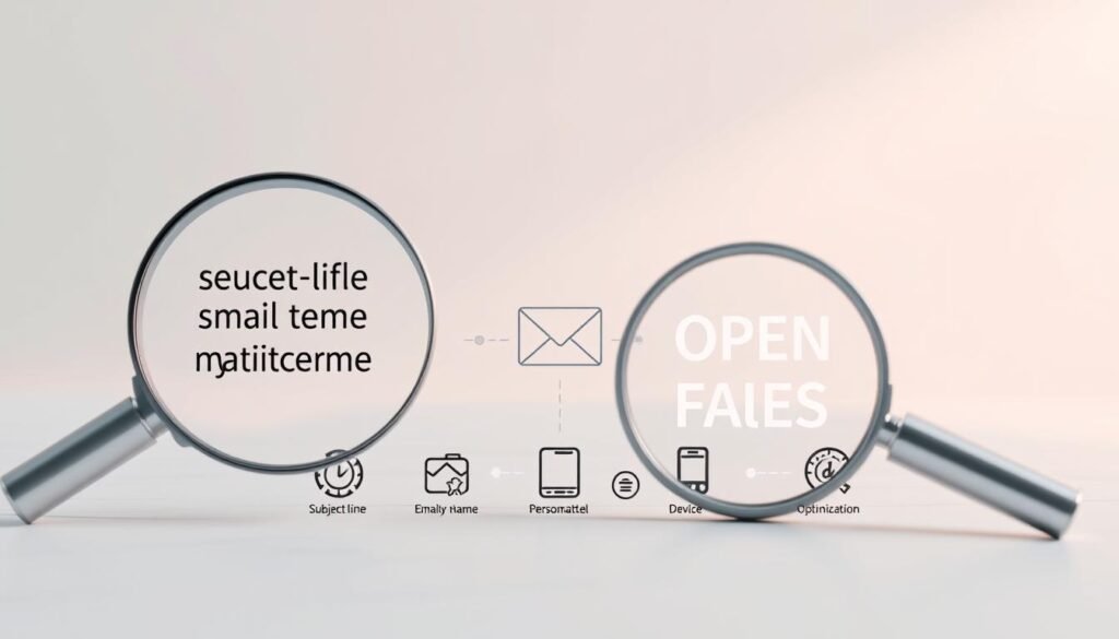 A high-resolution, photorealistic image of various supporting elements that affect email open rates. In the foreground, a magnifying glass highlights key metrics like subject line, sender name, and email preview text. In the middle ground, icons representing factors like timing, personalization, and device optimization are arranged neatly. The background features a clean, minimalist design with soft lighting and subtle patterns, creating a professional, data-driven atmosphere. The overall composition conveys the importance of optimizing these supporting elements to maximize email open performance. A high-resolution, photorealistic image of various supporting elements that affect email open rates. In the foreground, a magnifying glass highlights key metrics like subject line, sender name, and email preview text. In the middle ground, icons representing factors like timing, personalization, and device optimization are arranged neatly. The background features a clean, minimalist design with soft lighting and subtle patterns, creating a professional, data-driven atmosphere. The overall composition conveys the importance of optimizing these supporting elements to maximize email open performance.