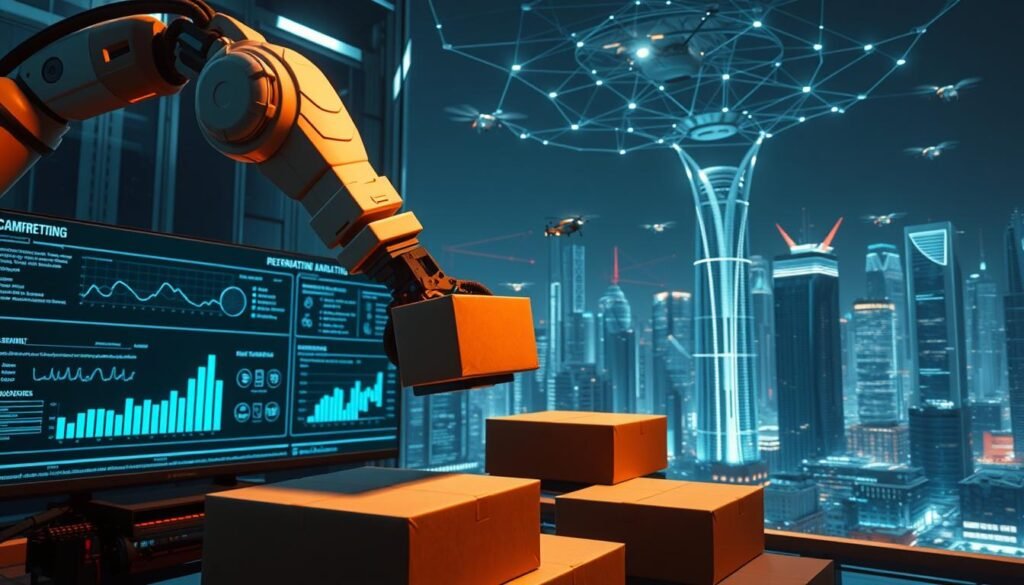 A high-tech futuristic scene depicting the automation of ecommerce marketing processes. In the foreground, a robotic arm meticulously packages and ships products, its movements swift and precise. In the middle ground, a series of digital dashboards and screens display real-time analytics, algorithms optimizing campaigns and workflows. In the background, a cityscape of gleaming skyscrapers and hovering delivery drones, all connected by a web of glowing data streams. The lighting is cool and clinical, casting long shadows and highlighting the efficient, machine-like nature of the scene. The perspective is slightly elevated, providing an overview of the interconnected automation powering the ecommerce ecosystem.