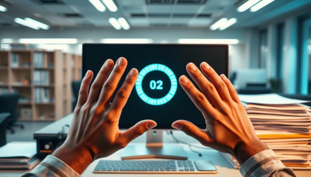A high-tech office scene with a computer monitor displaying a spinning loading icon, symbolizing a delayed data sync process. In the foreground, a frustrated employee gestures with their hands, conveying the frustration of a prolonged wait. The middle ground features stacks of papers and file folders, representing the manual workarounds needed to compensate for the technical delay. The background is softly blurred, emphasizing the central focus on the delayed digital workflow. The overall lighting is cool-toned, adding to the sense of technological stagnation. The camera angle is slightly elevated, giving a birds-eye view of the scene to underscore the systemic nature of the delay.