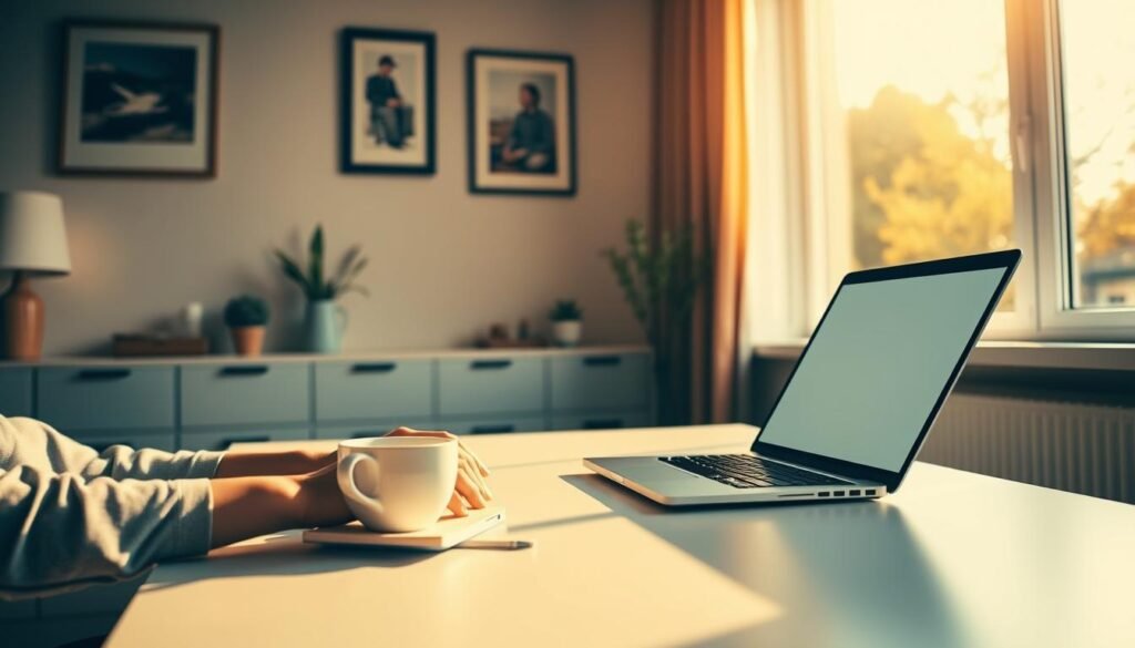 A home office with a sleek, minimalist desk and a laptop. A person's hands are seen typing on the keyboard, conveying a sense of focused productivity. The room is bathed in warm, natural lighting that streams in through a large window, creating a cozy and inviting atmosphere. The walls are adorned with a few tasteful artworks, lending an air of professionalism. On the desk, a cup of coffee or tea sits alongside a notepad and a few office supplies, hinting at the multifaceted nature of email management. The overall scene radiates a sense of efficiency, organization, and thoughtfulness in the process of sending emails.
