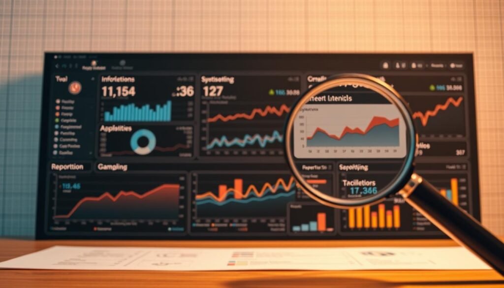 A meticulously designed dashboard displays a comprehensive array of analytical data, showcasing granular insights into user engagement, campaign performance, and reporting anomalies. The foreground features a magnifying glass hovering over specific data points, emphasizing the process of close inspection and troubleshooting. The middle ground depicts various graphs, charts, and visual representations, each providing a clear and concise overview of the data. The background is adorned with a subtle grid pattern, evoking a sense of structure and organization within the digital landscape. Warm, muted tones create a professional and focused atmosphere, while strategic lighting and angles highlight the importance of the data analysis process. A meticulously designed dashboard displays a comprehensive array of analytical data, showcasing granular insights into user engagement, campaign performance, and reporting anomalies. The foreground features a magnifying glass hovering over specific data points, emphasizing the process of close inspection and troubleshooting. The middle ground depicts various graphs, charts, and visual representations, each providing a clear and concise overview of the data. The background is adorned with a subtle grid pattern, evoking a sense of structure and organization within the digital landscape. Warm, muted tones create a professional and focused atmosphere, while strategic lighting and angles highlight the importance of the data analysis process.