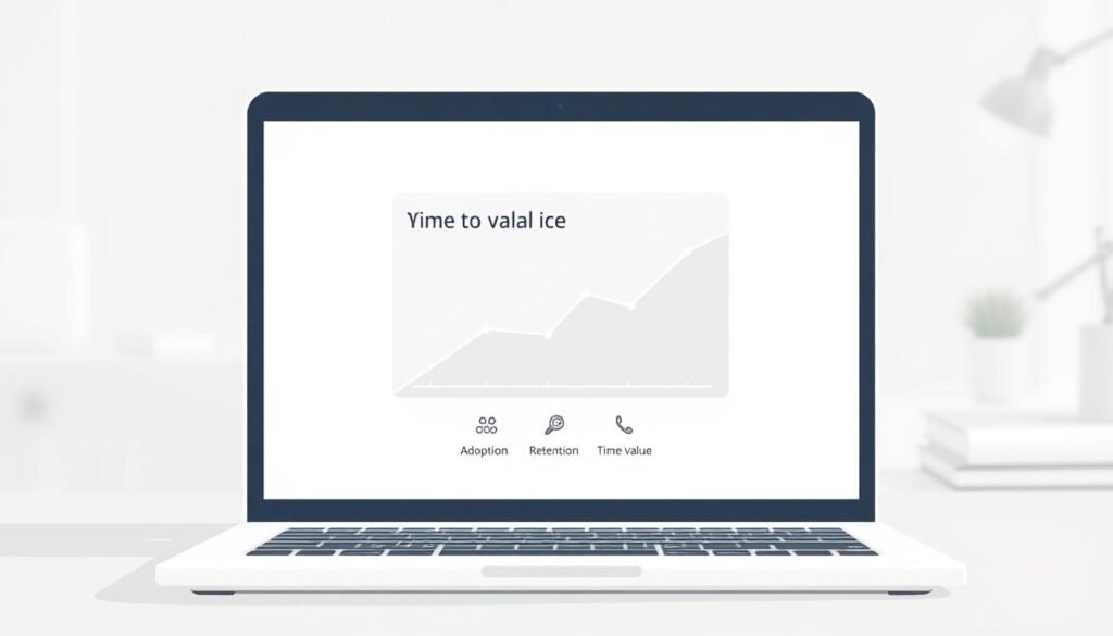 A minimalist digital illustration showcasing the concept of "time to value email". In the foreground, a laptop screen displays a clean email interface with a simple line graph charting the time-to-value metric. The graph is framed by a muted geometric backdrop, suggesting an analytical, data-driven approach. The middle ground features a subtle trio of icons representing key onboarding signals: adoption, retention, and time to value. The background is a softly blurred workspace, evoking a professional, productivity-focused environment. The overall mood is one of clarity, focus, and data-driven decision making.