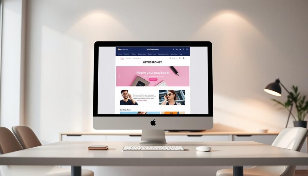 A minimalist, elegant office setting with a computer screen displaying a vibrant, customizable GetResponse email template. The template features a sleek, modern layout with clean typography, bold imagery, and subtle color accents. Soft, directional lighting illuminates the scene, creating a warm, productive atmosphere. The background blurs gently, keeping the focus on the screen and the process of customizing the email for a newsletter. The overall composition conveys a sense of professionalism, efficiency, and the power of personalized email marketing with GetResponse.