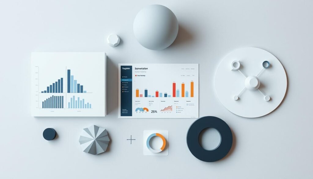A minimalist, top-down view of segmentation strategies, captured with a crisp, high-resolution lens. The foreground features geometric shapes and patterns, representing the various segmentation techniques - demographic, psychographic, behavioral, and geographic. The middle ground showcases a sleek, modern data visualization dashboard, highlighting the analytical insights derived from these segmentation approaches. The background subtly fades into a neutral, slightly textured backdrop, allowing the core elements to take center stage. The overall mood is one of precision, clarity, and the power of data-driven decision-making.