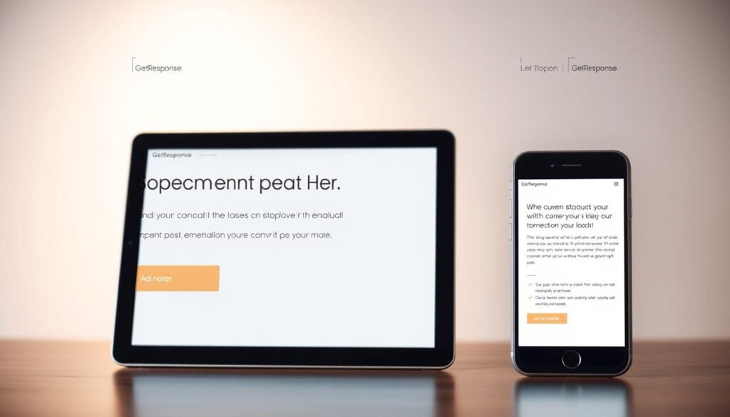 A mobile-responsive landing page with a sleek, modern design showcasing a GetResponse product. The foreground features a clean, minimalist layout with key information and a prominent call-to-action button. The middle ground displays a tablet and smartphone devices displaying the page, highlighting its responsive nature. The background has a subtle gradient or texture, creating a sense of depth and professionalism. The lighting is soft and diffused, creating a warm, inviting atmosphere. The overall composition conveys a sense of efficiency, performance, and conversion optimization.