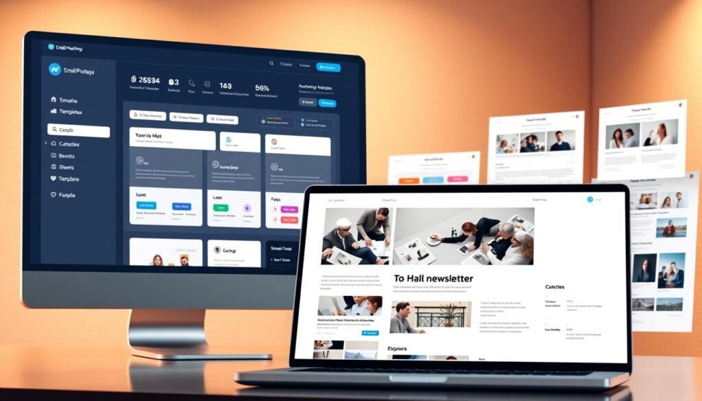 A modern and minimalist email marketing software interface, with a clean and intuitive layout. The main screen features a sleek dashboard displaying key metrics and tools for creating and managing email campaigns. In the foreground, a laptop or desktop computer displays a template for an email newsletter, with crisp typography and a visually striking hero image. The middle ground showcases various email templates, landing page designs, and automation workflows, all with a consistent, elegant aesthetic. The background has a subtle gradient or texture, creating a professional and sophisticated atmosphere. Warm, directional lighting illuminates the scene, highlighting the key elements and creating depth and dimension. A modern and minimalist email marketing software interface, with a clean and intuitive layout. The main screen features a sleek dashboard displaying key metrics and tools for creating and managing email campaigns. In the foreground, a laptop or desktop computer displays a template for an email newsletter, with crisp typography and a visually striking hero image. The middle ground showcases various email templates, landing page designs, and automation workflows, all with a consistent, elegant aesthetic. The background has a subtle gradient or texture, creating a professional and sophisticated atmosphere. Warm, directional lighting illuminates the scene, highlighting the key elements and creating depth and dimension.