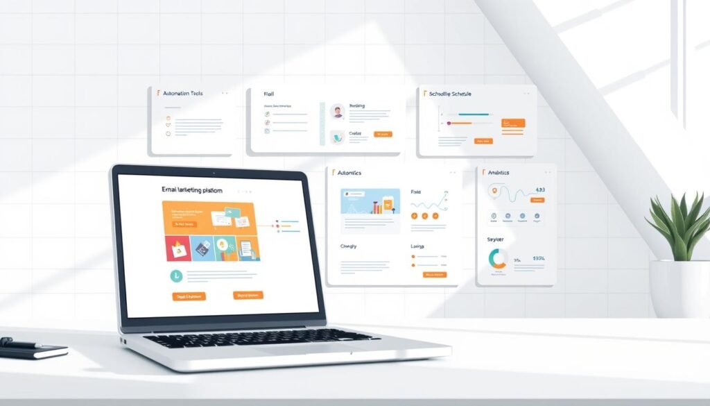 A modern and minimalist illustration of an email marketing platform. In the foreground, a laptop screen displays a well-designed email campaign with vibrant graphics and call-to-action buttons. In the middle ground, various automation tools such as segmentation, scheduling, and analytics dashboards are neatly arranged. The background features a clean, white workspace with subtle grid patterns, suggesting a professional and organized environment. The lighting is natural and diffused, creating a pleasant, productive atmosphere. The overall composition conveys the efficiency and capabilities of a robust email marketing platform.