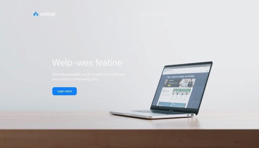 A modern and minimalist landing page design with a clean, user-friendly interface. The foreground features a full-width hero section with a large, high-quality image of a laptop or tablet showcasing a web page. The middle ground includes a row of icons representing various website features such as a website builder, live chat, and analytics. The background has a subtle gradient or texture to create depth and a professional aesthetic. The lighting is soft and even, with a natural, daylight-inspired ambiance. The camera angle is slightly elevated to provide an optimized, user-centric perspective. The overall mood is sleek, contemporary, and visually appealing, reflecting the high-quality features of the web-based software. A modern and minimalist landing page design with a clean, user-friendly interface. The foreground features a full-width hero section with a large, high-quality image of a laptop or tablet showcasing a web page. The middle ground includes a row of icons representing various website features such as a website builder, live chat, and analytics. The background has a subtle gradient or texture to create depth and a professional aesthetic. The lighting is soft and even, with a natural, daylight-inspired ambiance. The camera angle is slightly elevated to provide an optimized, user-centric perspective. The overall mood is sleek, contemporary, and visually appealing, reflecting the high-quality features of the web-based software.
