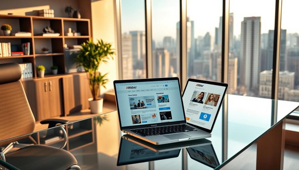 A modern, clean-lined office interior with a sleek glass and steel desk, displaying an open laptop showcasing the AWeber email marketing platform's user interface. In the foreground, an ergonomic office chair and a potted plant add a touch of nature. The middle ground features shelves with books and professional knickknacks, while the background depicts large windows overlooking a bustling city skyline, bathed in warm, natural lighting. The overall atmosphere conveys a sense of productivity, efficiency, and the power of AWeber's email marketing tools to empower ecommerce businesses. A modern, clean-lined office interior with a sleek glass and steel desk, displaying an open laptop showcasing the AWeber email marketing platform's user interface. In the foreground, an ergonomic office chair and a potted plant add a touch of nature. The middle ground features shelves with books and professional knickknacks, while the background depicts large windows overlooking a bustling city skyline, bathed in warm, natural lighting. The overall atmosphere conveys a sense of productivity, efficiency, and the power of AWeber's email marketing tools to empower ecommerce businesses.