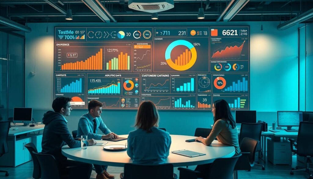A modern, data-driven office interior with a large, illuminated data visualization dashboard on the main wall. The dashboard displays various charts, graphs, and metrics representing customer data analytics. In the foreground, a team of data analysts collaborate around a circular conference table, deep in discussion. Soft, warm lighting creates a focused, productive atmosphere. The background features rows of desks with computer screens and office equipment, suggesting an efficient, well-organized data processing environment. The overall scene conveys the benefits of leveraging comprehensive customer data to drive business insights and strategic decision-making. A modern, data-driven office interior with a large, illuminated data visualization dashboard on the main wall. The dashboard displays various charts, graphs, and metrics representing customer data analytics. In the foreground, a team of data analysts collaborate around a circular conference table, deep in discussion. Soft, warm lighting creates a focused, productive atmosphere. The background features rows of desks with computer screens and office equipment, suggesting an efficient, well-organized data processing environment. The overall scene conveys the benefits of leveraging comprehensive customer data to drive business insights and strategic decision-making.
