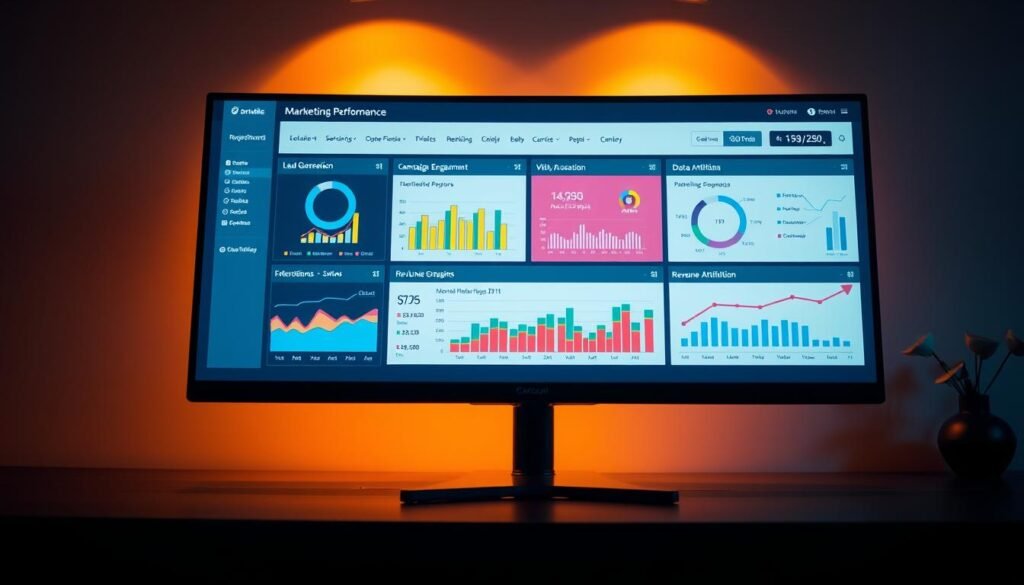 A modern data visualization dashboard, displayed on a sleek, high-resolution monitor. The dashboard features an array of interactive charts, graphs, and visualizations, showcasing key marketing performance metrics such as lead generation, campaign engagement, and revenue attribution. Vibrant colors and clean, minimalist design elements create a polished, professional aesthetic. Warm, directional lighting illuminates the scene, casting subtle shadows and highlights to accentuate the depth and dimensionality of the display. The overall atmosphere is one of analytical precision, strategic insight, and data-driven decision making.
