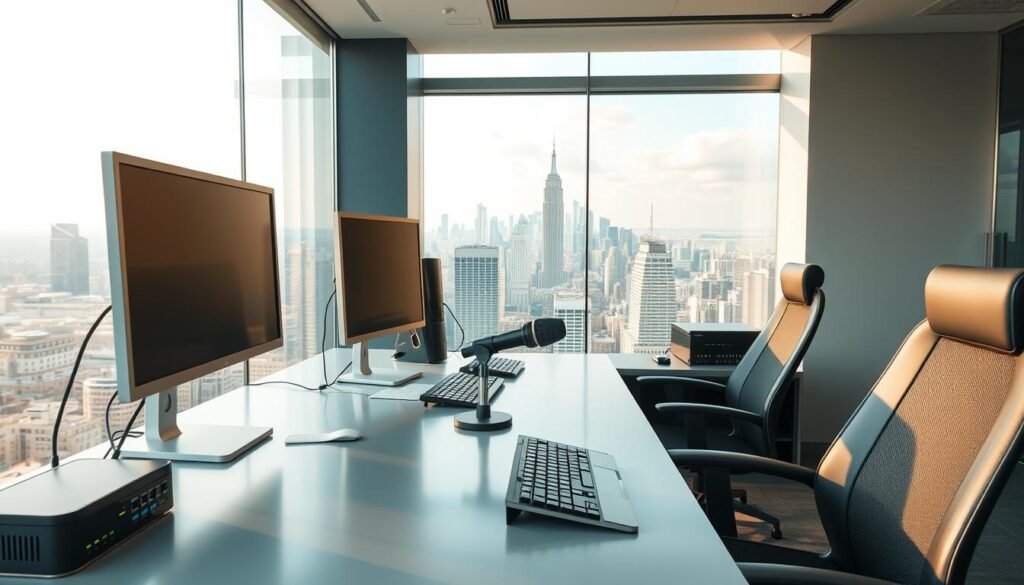 A modern, high-tech workspace with a clean, minimalist aesthetic. The foreground features a sleek, silver-and-glass desk setup with multiple computer monitors, keyboards, and a professional-grade microphone. In the middle ground, a network router, modem, and other internet connectivity hardware are neatly arranged. The background showcases a large, panoramic window overlooking a bustling city skyline, bathed in warm, natural lighting. The overall mood is one of efficiency, productivity, and technical sophistication. A modern, high-tech workspace with a clean, minimalist aesthetic. The foreground features a sleek, silver-and-glass desk setup with multiple computer monitors, keyboards, and a professional-grade microphone. In the middle ground, a network router, modem, and other internet connectivity hardware are neatly arranged. The background showcases a large, panoramic window overlooking a bustling city skyline, bathed in warm, natural lighting. The overall mood is one of efficiency, productivity, and technical sophistication.