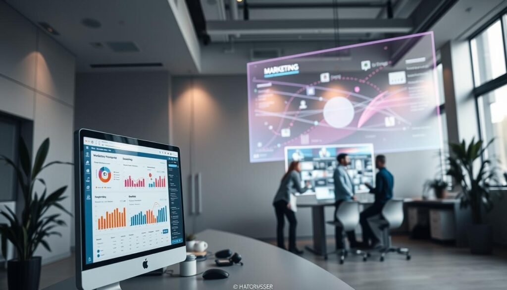 A modern, minimalist digital marketing office space. In the foreground, a sleek computer monitor displays a dashboard of marketing automation metrics, with colorful graphs and charts. The middle ground features a team collaborating around a large touchscreen, analyzing campaign performance data. In the background, futuristic holographic projections hover, visualizing customer journeys and predictive analytics. Soft, indirect lighting sets a professional, tech-savvy ambiance. The overall composition conveys the power of data-driven, integrated marketing automation to drive optimized, personalized customer experiences. A modern, minimalist digital marketing office space. In the foreground, a sleek computer monitor displays a dashboard of marketing automation metrics, with colorful graphs and charts. The middle ground features a team collaborating around a large touchscreen, analyzing campaign performance data. In the background, futuristic holographic projections hover, visualizing customer journeys and predictive analytics. Soft, indirect lighting sets a professional, tech-savvy ambiance. The overall composition conveys the power of data-driven, integrated marketing automation to drive optimized, personalized customer experiences.