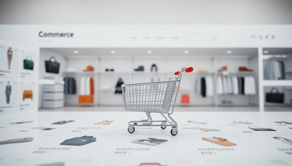 A modern, minimalist e-commerce website interface showcasing an array of products. The foreground features a clean, well-organized grid layout displaying various merchandise, each with a clear product image, title, and price. The middle ground highlights an abandoned shopping cart, subtly inviting the viewer to complete their purchase. In the background, a sleek, streamlined navigation menu and search bar facilitate an intuitive user experience. The overall mood is one of simplicity, efficiency, and a touch of sophistication, conveying the ease and convenience of online shopping. The lighting is soft and natural, creating a welcoming ambiance. The camera angle is slightly elevated, providing an overview of the dynamic e-commerce platform.