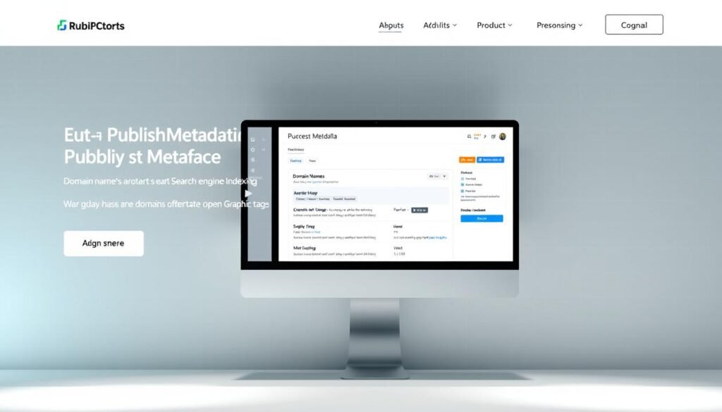 A modern, minimalist landing page showcasing a publishing metadata management interface. The foreground features a clean, intuitive dashboard with controls for managing domain names, search engine indexing, and open graph tags. The middle ground displays a responsive web browser window highlighting the landing page design. The background has a subtle grid pattern and a neutral color palette, creating a professional, technology-driven atmosphere. Soft lighting illuminates the scene, emphasizing the clarity and functionality of the user interface. The overall composition conveys a sense of efficiency and control over online presence and discoverability.