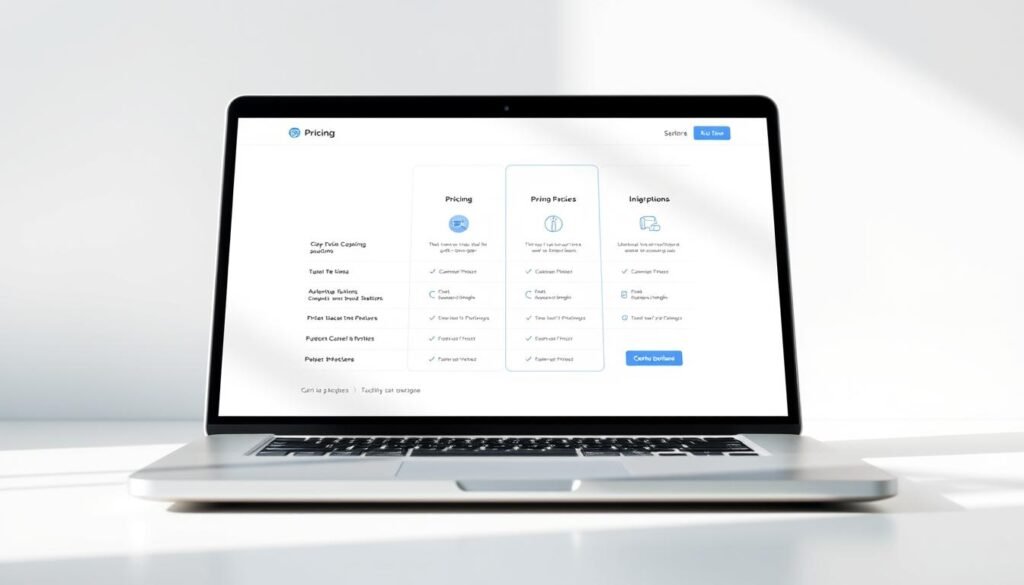 A modern, minimalist pricing platform displayed on a sleek, silver laptop against a clean, white background. The platform features clear, well-organized pricing tiers and plan options, with intuitive icons and infographics highlighting key features. Soft, directional lighting casts subtle shadows, accentuating the platform's elegant, user-friendly design. The overall scene conveys a sense of professionalism, simplicity, and attention to detail - qualities that would appeal to agency decision-makers evaluating pricing and plan structures. A modern, minimalist pricing platform displayed on a sleek, silver laptop against a clean, white background. The platform features clear, well-organized pricing tiers and plan options, with intuitive icons and infographics highlighting key features. Soft, directional lighting casts subtle shadows, accentuating the platform's elegant, user-friendly design. The overall scene conveys a sense of professionalism, simplicity, and attention to detail - qualities that would appeal to agency decision-makers evaluating pricing and plan structures.