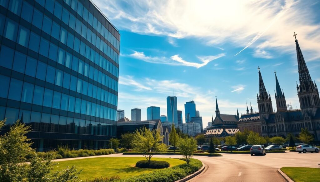 A modern, multi-story office building with a sleek, glass-paneled facade stands prominently in the foreground, reflecting the bright blue sky and wispy clouds above. The building is surrounded by lush, manicured greenery and a paved driveway leading to a visitor parking lot. In the middle ground, other corporate buildings and skyscrapers can be seen, hinting at a bustling business district. The background is filled with the iconic spires and steeples of historic churches, creating a harmonious blend of old and new. Warm, diffused lighting casts a professional and inviting atmosphere over the scene. Captured from a slightly elevated angle, the image conveys a sense of sophistication and success that typifies the headquarters of a thriving company. A modern, multi-story office building with a sleek, glass-paneled facade stands prominently in the foreground, reflecting the bright blue sky and wispy clouds above. The building is surrounded by lush, manicured greenery and a paved driveway leading to a visitor parking lot. In the middle ground, other corporate buildings and skyscrapers can be seen, hinting at a bustling business district. The background is filled with the iconic spires and steeples of historic churches, creating a harmonious blend of old and new. Warm, diffused lighting casts a professional and inviting atmosphere over the scene. Captured from a slightly elevated angle, the image conveys a sense of sophistication and success that typifies the headquarters of a thriving company.