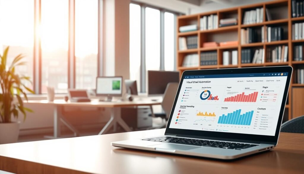A modern office interior, bathed in warm, natural lighting that filters through large windows. In the foreground, an open laptop displays a visual dashboard for email automation, with colorful graphs, charts, and metrics. The middle ground features a sleek, minimalist desk with a desktop computer and various productivity tools. In the background, a bookshelf filled with technical manuals and programming guides, conveying a sense of expertise and efficiency. The overall atmosphere is one of focus, productivity, and the seamless integration of technology into the workplace. A modern office interior, bathed in warm, natural lighting that filters through large windows. In the foreground, an open laptop displays a visual dashboard for email automation, with colorful graphs, charts, and metrics. The middle ground features a sleek, minimalist desk with a desktop computer and various productivity tools. In the background, a bookshelf filled with technical manuals and programming guides, conveying a sense of expertise and efficiency. The overall atmosphere is one of focus, productivity, and the seamless integration of technology into the workplace.