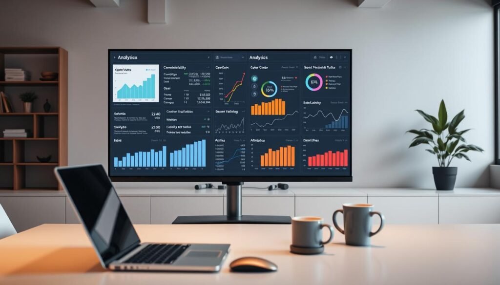 A modern office interior with a large monitor displaying analytics data and charts. The screen shows various graphs, charts, and metrics related to email campaign deliverability, open rates, click-through rates, and other performance indicators. In the foreground, a desk with a laptop, mouse, and a cup of coffee. Indirect lighting casts a warm glow, creating a focused and productive atmosphere. The background features minimalist decor, such as shelves with books and a potted plant, conveying a sense of professionalism and attention to detail. A modern office interior with a large monitor displaying analytics data and charts. The screen shows various graphs, charts, and metrics related to email campaign deliverability, open rates, click-through rates, and other performance indicators. In the foreground, a desk with a laptop, mouse, and a cup of coffee. Indirect lighting casts a warm glow, creating a focused and productive atmosphere. The background features minimalist decor, such as shelves with books and a potted plant, conveying a sense of professionalism and attention to detail.