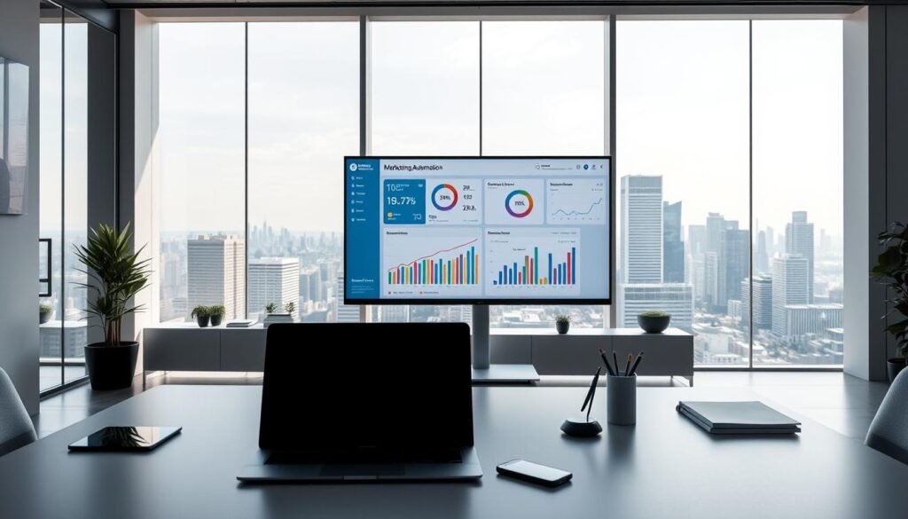 A modern office interior with a sleek, minimalist aesthetic. In the foreground, a desk with a laptop, smartphone, and a few essential office supplies, all arranged in a visually appealing manner. The middle ground features a large, high-resolution monitor displaying a visually striking dashboard, showcasing various marketing automation metrics and insights. The background is bathed in soft, natural lighting, with floor-to-ceiling windows providing a panoramic view of a bustling city skyline. The overall mood is one of efficiency, productivity, and technological prowess, conveying the power and sophistication of marketing automation. A modern office interior with a sleek, minimalist aesthetic. In the foreground, a desk with a laptop, smartphone, and a few essential office supplies, all arranged in a visually appealing manner. The middle ground features a large, high-resolution monitor displaying a visually striking dashboard, showcasing various marketing automation metrics and insights. The background is bathed in soft, natural lighting, with floor-to-ceiling windows providing a panoramic view of a bustling city skyline. The overall mood is one of efficiency, productivity, and technological prowess, conveying the power and sophistication of marketing automation.