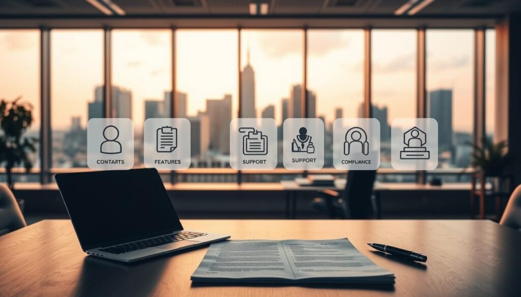 A modern office setting with a large desk featuring various business elements. In the foreground, an open laptop, a pen, and a contract document. In the middle ground, icons representing contacts, features, support, and compliance. In the background, a large window overlooking a city skyline, bathed in warm, golden light. The overall mood is one of professionalism, productivity, and attention to detail. A modern office setting with a large desk featuring various business elements. In the foreground, an open laptop, a pen, and a contract document. In the middle ground, icons representing contacts, features, support, and compliance. In the background, a large window overlooking a city skyline, bathed in warm, golden light. The overall mood is one of professionalism, productivity, and attention to detail.