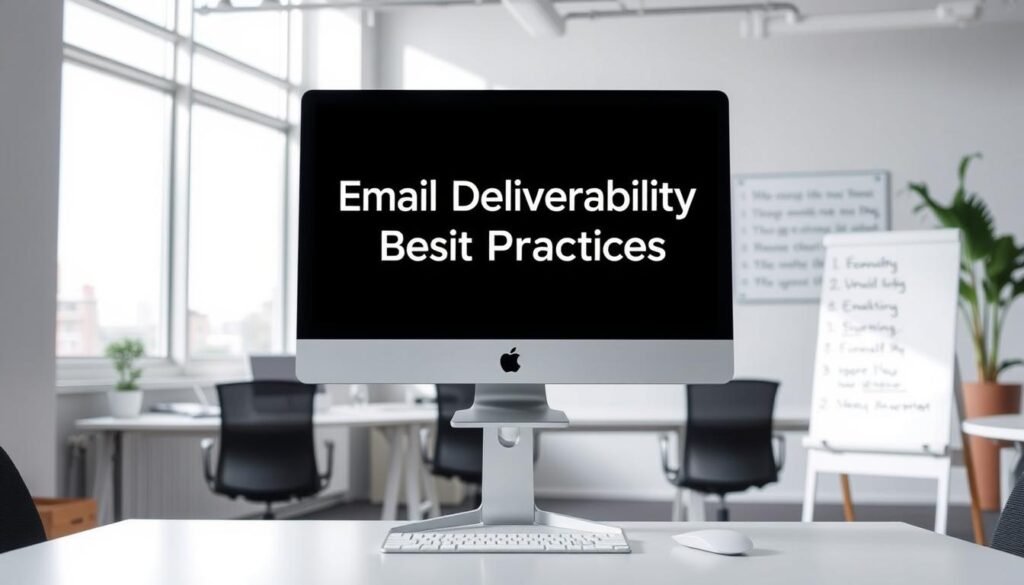 A modern office setting with a sleek and minimalist aesthetic. In the foreground, a desktop computer displays an email inbox with various unread messages, symbolizing the need for effective email deliverability. In the middle ground, a clean whiteboard features a concise list of "Email Deliverability Best Practices" written in a crisp, sans-serif font. The background showcases large windows that allow natural light to flood the space, creating a bright and airy atmosphere. The overall scene conveys a sense of productivity, organization, and a focus on optimizing email marketing strategies. A modern office setting with a sleek and minimalist aesthetic. In the foreground, a desktop computer displays an email inbox with various unread messages, symbolizing the need for effective email deliverability. In the middle ground, a clean whiteboard features a concise list of "Email Deliverability Best Practices" written in a crisp, sans-serif font. The background showcases large windows that allow natural light to flood the space, creating a bright and airy atmosphere. The overall scene conveys a sense of productivity, organization, and a focus on optimizing email marketing strategies.