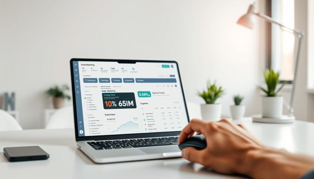 A modern office setting with a well-lit workspace. On the desk, an open laptop displays an email marketing dashboard, showcasing analytics, campaign details, and subscriber metrics. In the foreground, a hand hovers over the mouse, ready to fine-tune the marketing strategy. The middle ground features a clean, minimalist aesthetic with a few potted plants and a sleek desk lamp. The background is softly blurred, creating a sense of focus on the digital tools at hand. The overall mood is one of efficiency, organization, and a data-driven approach to email marketing for creative businesses.