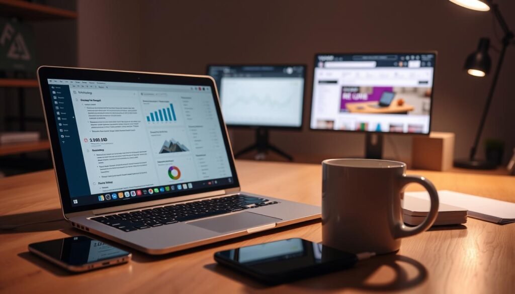 A modern office setup with a laptop, smartphone, and a coffee mug on a wooden desk. In the foreground, an email composition window is displayed, showcasing the process of email marketing. The middle ground features analytics dashboards and performance metrics, while the background depicts a Shopify storefront interface, hinting at the integration and revenue attribution aspects. The lighting is soft and indirect, creating a warm and productive atmosphere. The camera angle is slightly elevated, giving an overview of the workspace.