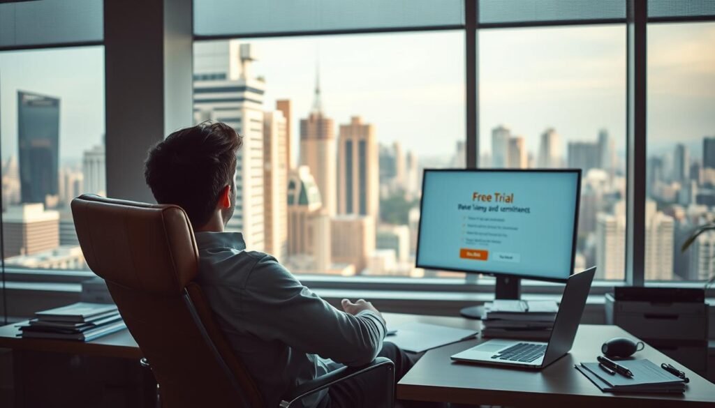 A modern office space with a large window overlooking a bustling cityscape. On the desk, a laptop and stacks of paperwork, hinting at the workday. In the foreground, a person leaning back in their chair, pondering a free trial offer displayed on the screen. The lighting is soft and natural, casting a warm glow on the scene. The overall atmosphere conveys a sense of contemplation and possibility, inviting the viewer to consider the potential of exploring a new service without commitment.