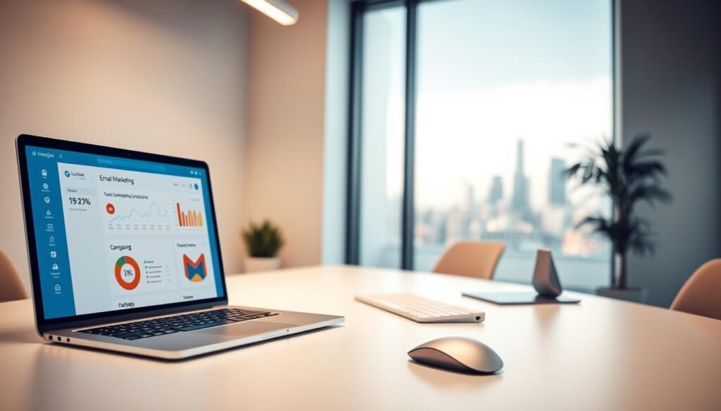 A modern office space with a minimalist design. In the foreground, a laptop screen displays an email marketing dashboard, showcasing key metrics and campaign analytics. The middle ground features a clean, white desk with a mouse, keyboard, and a sleek monitor. Soft, indirect lighting casts a warm glow, creating a productive and focused atmosphere. In the background, a large window overlooks a cityscape, blending the digital and physical realms. The overall scene conveys the efficiency and data-driven nature of email marketing, while maintaining a sense of simplicity and professionalism. A modern office space with a minimalist design. In the foreground, a laptop screen displays an email marketing dashboard, showcasing key metrics and campaign analytics. The middle ground features a clean, white desk with a mouse, keyboard, and a sleek monitor. Soft, indirect lighting casts a warm glow, creating a productive and focused atmosphere. In the background, a large window overlooks a cityscape, blending the digital and physical realms. The overall scene conveys the efficiency and data-driven nature of email marketing, while maintaining a sense of simplicity and professionalism.