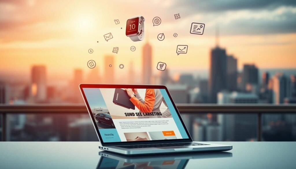 A modern, sleek ecommerce email marketing scene. In the foreground, an open laptop displays a visually engaging email template with a vibrant hero image, bold typography, and clear call-to-action. Hovering above the laptop, a smartwatch showcases a mobile-optimized email view. In the middle ground, various ecommerce product icons and data visualizations float, representing the integration of the email platform with an online store. The background features a blurred cityscape, conveying a sense of scale, connectivity, and the global reach of the ecommerce email marketing solution. Warm, directional lighting casts a professional, high-tech ambiance. The overall composition emphasizes the versatility, seamless integration, and enterprise-level capabilities of the ecommerce email marketing platform. A modern, sleek ecommerce email marketing scene. In the foreground, an open laptop displays a visually engaging email template with a vibrant hero image, bold typography, and clear call-to-action. Hovering above the laptop, a smartwatch showcases a mobile-optimized email view. In the middle ground, various ecommerce product icons and data visualizations float, representing the integration of the email platform with an online store. The background features a blurred cityscape, conveying a sense of scale, connectivity, and the global reach of the ecommerce email marketing solution. Warm, directional lighting casts a professional, high-tech ambiance. The overall composition emphasizes the versatility, seamless integration, and enterprise-level capabilities of the ecommerce email marketing platform.