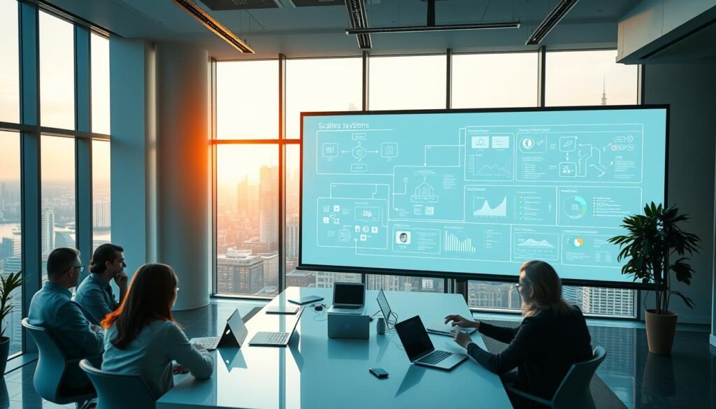 A modern, sleek office interior with a large whiteboard displaying a visual representation of scalable business systems. The foreground features a team of professionals collaborating around a conference table, using laptops and discussing interconnected workflow diagrams. The middle ground showcases integrated software tools and dashboards projected onto a wall, illustrating real-time data and analytics. The background has floor-to-ceiling windows overlooking a vibrant cityscape, bathing the scene in warm, natural lighting. The atmosphere conveys a sense of efficiency, innovation, and a commitment to building a scalable, high-performing enterprise.