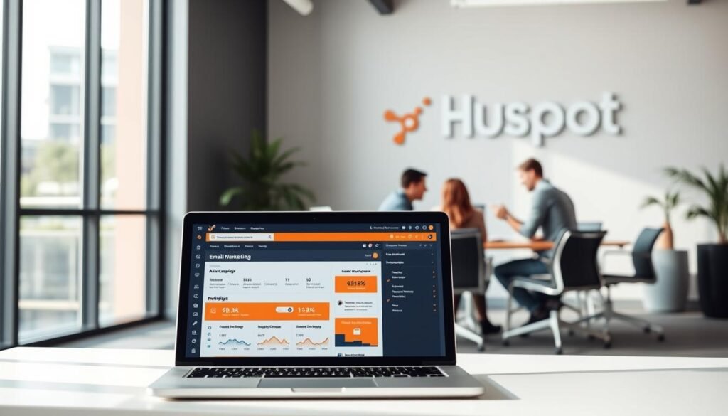 A modern, sleek office interior with large windows letting in natural light. In the foreground, a laptop displays the HubSpot email marketing dashboard, showcasing intuitive campaign management tools and detailed analytics. The middle ground features a team of marketers collaborating around a conference table, discussing strategies and reviewing campaign performance. The background depicts the HubSpot logo prominently displayed on the wall, conveying the platform's all-in-one capabilities. The scene radiates a sense of productivity, efficiency, and the power of data-driven email marketing. A modern, sleek office interior with large windows letting in natural light. In the foreground, a laptop displays the HubSpot email marketing dashboard, showcasing intuitive campaign management tools and detailed analytics. The middle ground features a team of marketers collaborating around a conference table, discussing strategies and reviewing campaign performance. The background depicts the HubSpot logo prominently displayed on the wall, conveying the platform's all-in-one capabilities. The scene radiates a sense of productivity, efficiency, and the power of data-driven email marketing.