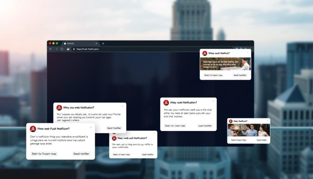 A modern, sleek web interface showcasing a series of customizable web push notifications. In the foreground, several notification prompts appear, each featuring a bold color scheme, clean typography, and striking imagery tailored to engage the user. The middle ground depicts the main browser window, with the notification prompts seamlessly integrated into the layout. In the background, a subtly blurred cityscape provides a sophisticated urban backdrop, hinting at the ubiquity of web-based communication in the digital age. The lighting is soft and directional, creating depth and emphasizing the notification prompts as the focal point. The overall mood is one of technological sophistication, user-centric design, and the power of targeted, permission-based outreach. A modern, sleek web interface showcasing a series of customizable web push notifications. In the foreground, several notification prompts appear, each featuring a bold color scheme, clean typography, and striking imagery tailored to engage the user. The middle ground depicts the main browser window, with the notification prompts seamlessly integrated into the layout. In the background, a subtly blurred cityscape provides a sophisticated urban backdrop, hinting at the ubiquity of web-based communication in the digital age. The lighting is soft and directional, creating depth and emphasizing the notification prompts as the focal point. The overall mood is one of technological sophistication, user-centric design, and the power of targeted, permission-based outreach.