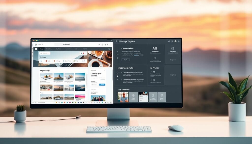 A modern, sleek website builder workspace with a clean, minimalistic interface. In the foreground, a large desktop computer screen displays a web page editor, showcasing a range of customizable templates and design elements. In the middle ground, various productivity tools and AI-powered features are visible, such as a content generation panel, image editing tools, and a live preview window. The background features a soft, blurred landscape with a vibrant, colorful sky, creating a serene and inspiring atmosphere for the creative process. Warm, natural lighting illuminates the scene, conveying a sense of productivity and focus. A modern, sleek website builder workspace with a clean, minimalistic interface. In the foreground, a large desktop computer screen displays a web page editor, showcasing a range of customizable templates and design elements. In the middle ground, various productivity tools and AI-powered features are visible, such as a content generation panel, image editing tools, and a live preview window. The background features a soft, blurred landscape with a vibrant, colorful sky, creating a serene and inspiring atmosphere for the creative process. Warm, natural lighting illuminates the scene, conveying a sense of productivity and focus.
