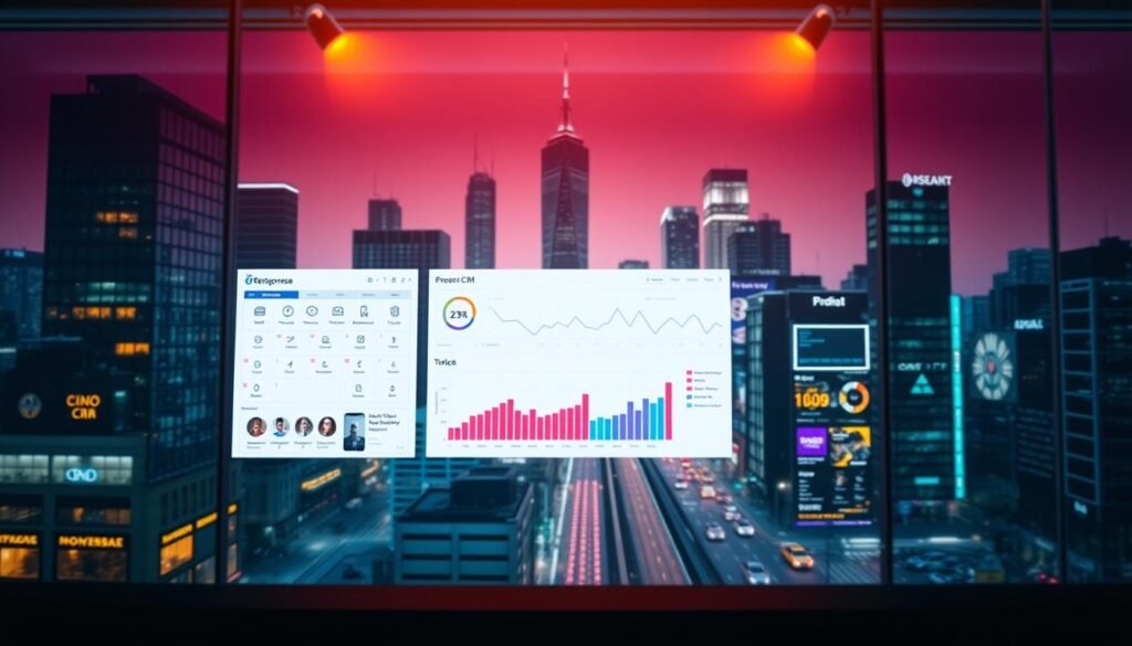 A modern software platform against a vibrant backdrop, showcasing the seamless integration of ecommerce, CRM, and API capabilities. In the foreground, a sleek dashboard with intuitive icons and visualizations, conveying the power of GetResponse's marketing automation workflows. The middle ground features dynamic charts and graphs, illustrating the data-driven insights that drive strategic decision-making. In the background, a cityscape of towering skyscrapers and bustling streets, symbolizing the expansive potential of the platform's reach and connectivity. Warm, ambient lighting casts a professional, forward-thinking atmosphere, capturing the essence of "Integrate and expand: ecommerce, CRM, and API" in the GetResponse ecosystem. A modern software platform against a vibrant backdrop, showcasing the seamless integration of ecommerce, CRM, and API capabilities. In the foreground, a sleek dashboard with intuitive icons and visualizations, conveying the power of GetResponse's marketing automation workflows. The middle ground features dynamic charts and graphs, illustrating the data-driven insights that drive strategic decision-making. In the background, a cityscape of towering skyscrapers and bustling streets, symbolizing the expansive potential of the platform's reach and connectivity. Warm, ambient lighting casts a professional, forward-thinking atmosphere, capturing the essence of "Integrate and expand: ecommerce, CRM, and API" in the GetResponse ecosystem.