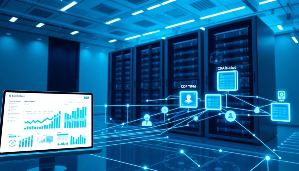A modern, sophisticated data architecture with a centralized customer data platform. In the foreground, a sleek, minimalist interface showcases real-time customer insights and analytics. The middle ground features interconnected data flows between the CDP, CRM, and data warehouse, visualized through elegant data pipelines. In the background, a towering data center symbolizes the powerful computing infrastructure powering the entire system. The scene is bathed in a cool, blue-tinted light, conveying a sense of technological prowess and data-driven decision making. The overall atmosphere is one of efficiency, transparency, and cutting-edge data management. A modern, sophisticated data architecture with a centralized customer data platform. In the foreground, a sleek, minimalist interface showcases real-time customer insights and analytics. The middle ground features interconnected data flows between the CDP, CRM, and data warehouse, visualized through elegant data pipelines. In the background, a towering data center symbolizes the powerful computing infrastructure powering the entire system. The scene is bathed in a cool, blue-tinted light, conveying a sense of technological prowess and data-driven decision making. The overall atmosphere is one of efficiency, transparency, and cutting-edge data management.