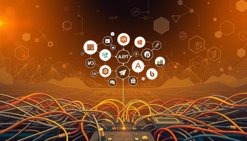 A modern, technical illustration showcasing software integrations and API connections. In the foreground, a network of cables, wires, and circuit boards form the base, representing the underlying infrastructure. In the middle ground, various software application icons and logos interact with each other, visualizing the seamless integration of different tools and platforms. The background features a digital landscape of hexagonal patterns, abstract shapes, and geometric elements, creating a sense of depth and technological sophistication. Warm, focused lighting highlights the central components, while subtle shadows and reflections add depth and realism to the scene. The overall atmosphere conveys the power of interconnectivity, the flexibility of modern software ecosystems, and the importance of API-driven integrations.
