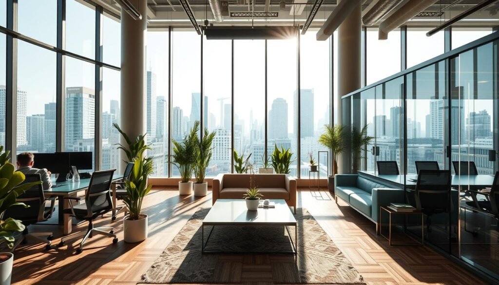 A modern, well-appointed office interior with large windows overlooking a bustling city skyline. Sunlight streams in, creating a warm, productive atmosphere. In the foreground, a collaborative workspace with sleek desks, ergonomic chairs, and strategically placed potted plants. The middle ground features a lounge area with comfortable sofas and a coffee table, inviting casual meetings and brainstorming sessions. In the background, a glass-enclosed conference room with a long table and high-tech presentation equipment. The overall scene conveys a professional, forward-thinking business environment suited for a range of organizational needs.