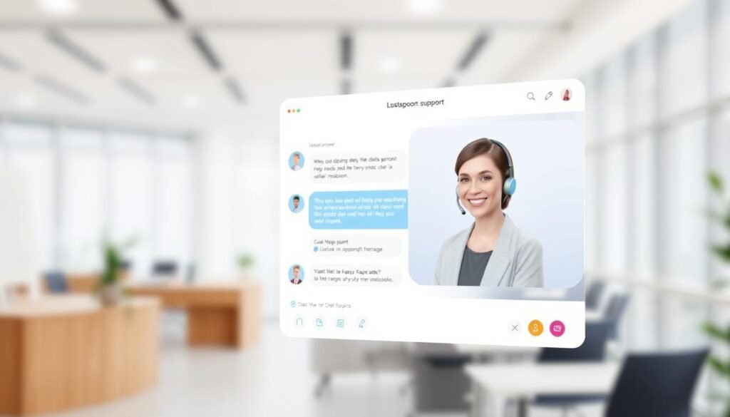 A modern, well-designed live chat support interface with a clean, minimalist aesthetic. The foreground features a prominent chat window with a conversational interface, showcasing a friendly, attentive customer service representative engaging with a user. The middle ground includes a stylized support agent avatar and relevant icons, conveying a sense of professionalism and efficiency. The background consists of a soft, blurred office environment with subtle grid patterns, suggesting a high-tech, digital workspace. The overall mood is one of approachability, responsiveness, and a commitment to customer satisfaction.